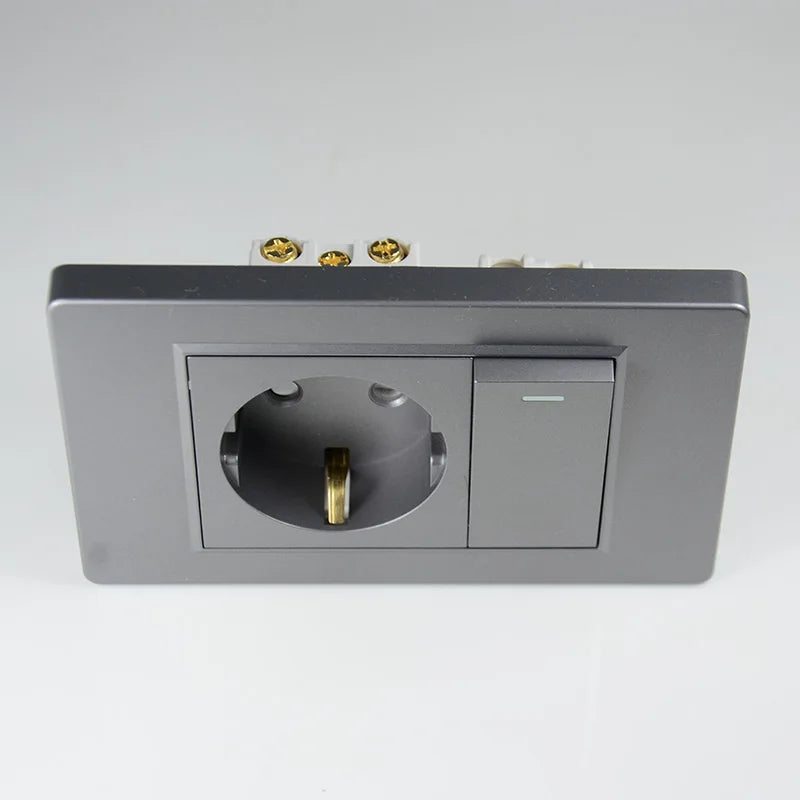 Dark grey EU German standard 16A 2-hole power plug wall socket with 15A 1Gang 1Way Switch 118 *74mm PC flame retardant panel 16A