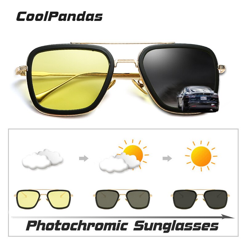 Square Vintage Designer Steam Punk Tony Stark Photochromic Sunglasses Polarized Men Yellow Lens Driving Glasses Oculos De Sol