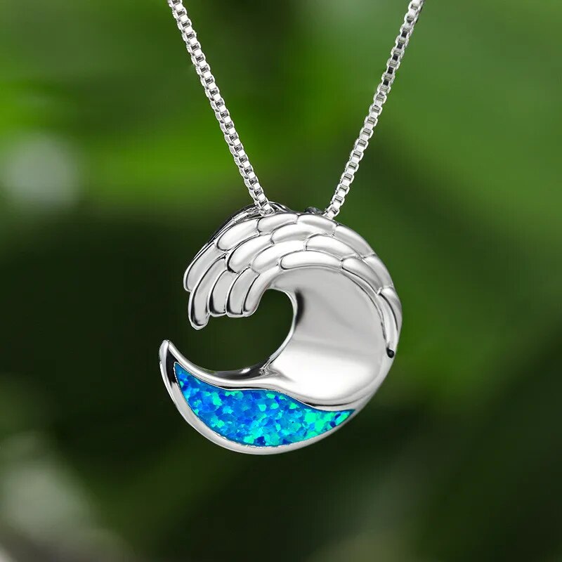 Blue Fire Opal Pendant Sea Wave Necklaces For Women Geometric Jewelry Vintage Fashion Birthstone Silver Color Box Chain Necklace