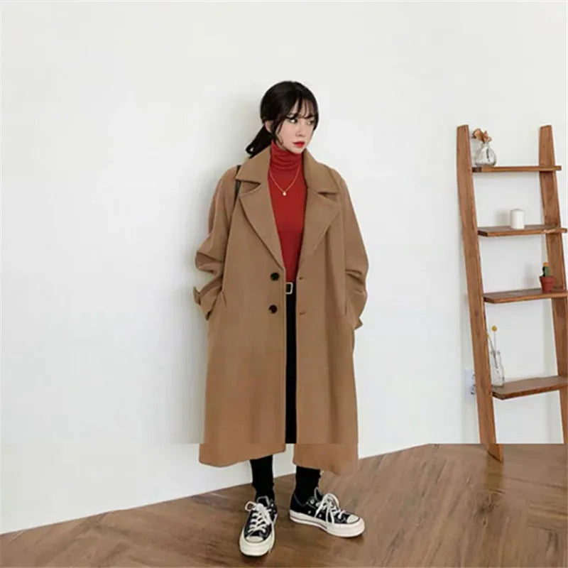 2023 Autumn Winter New Woolen Coat Women Korean Femme Black Wild Wool Jacket Female Fashion Long Loose Ladies Overcoat S2284