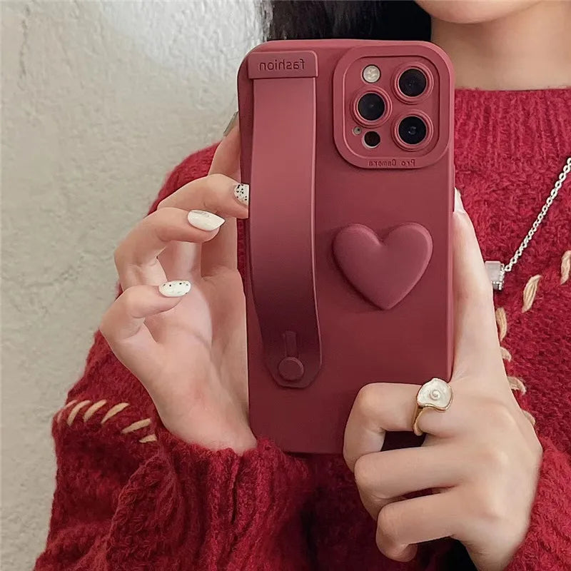 3D Love heart Wrist Band Holder Stand Bracket Matte Soft Case For iPhone 15 14 13 11 12 Pro Max XR X XS 7 8 Plus 13 MiNi Cover