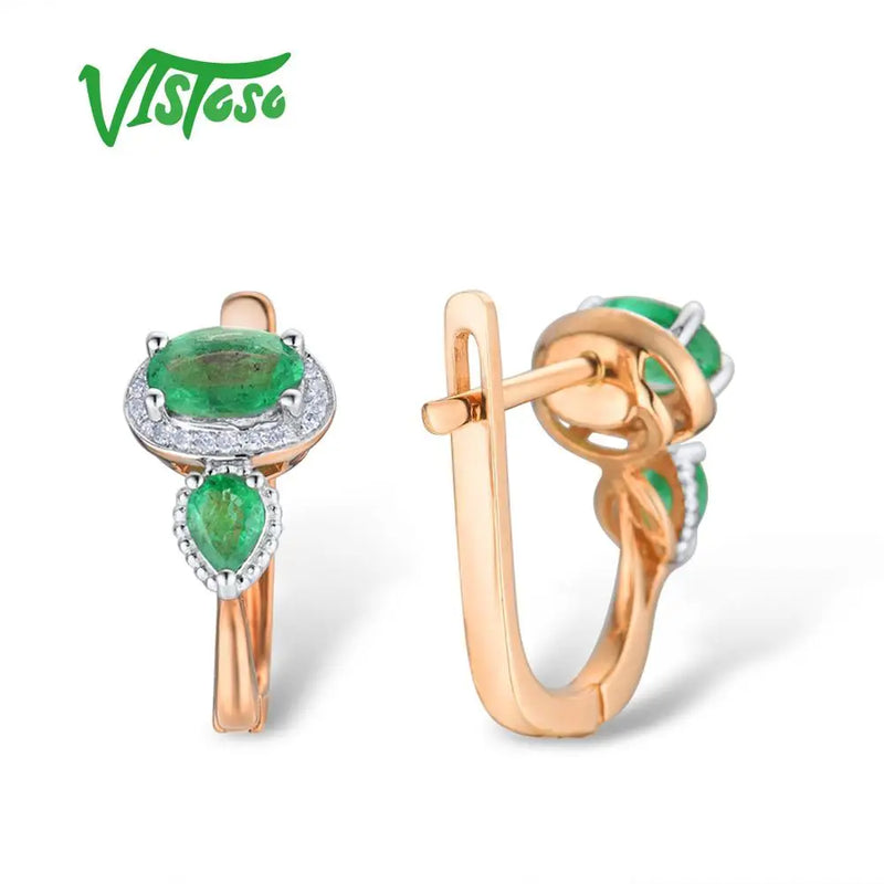 VISTOSO Gold Earrings For Women 14K 585 Rose Gold Glamorous Elegant Shiny Emerald Sparkling Diamond Luxury Trendy Fine Jewelry