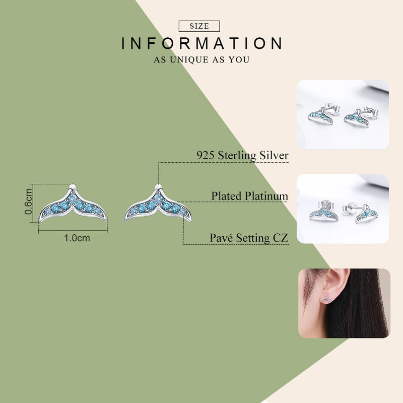 BAMOER Hot Sale 100% 925 Sterling Silver Blue Zircon Mermaid Fishtail Small Stud Earrings for Women Silver Jewelry BSE058