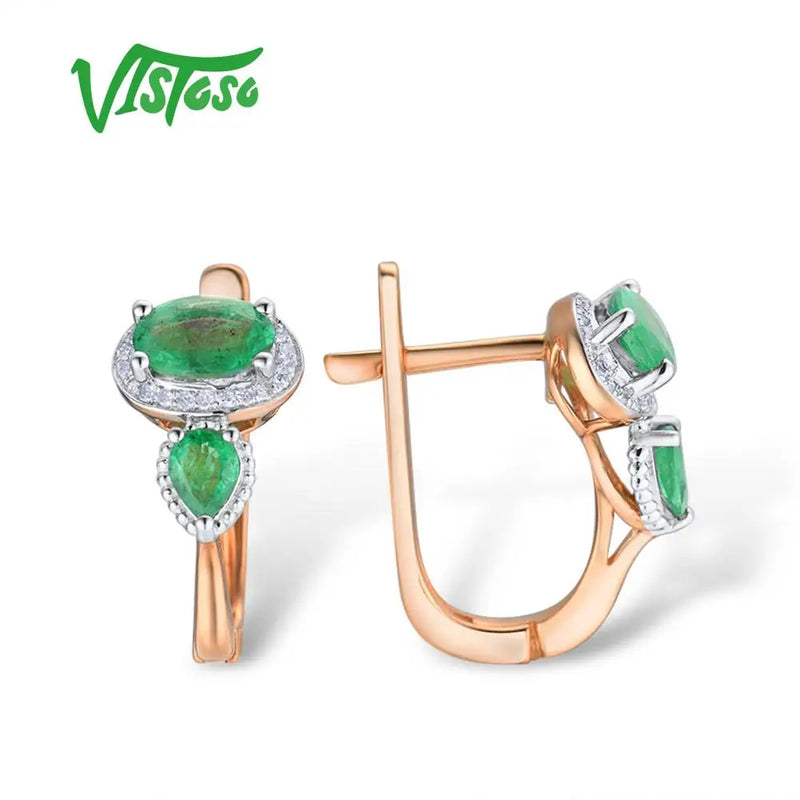 VISTOSO Gold Earrings For Women 14K 585 Rose Gold Glamorous Elegant Shiny Emerald Sparkling Diamond Luxury Trendy Fine Jewelry