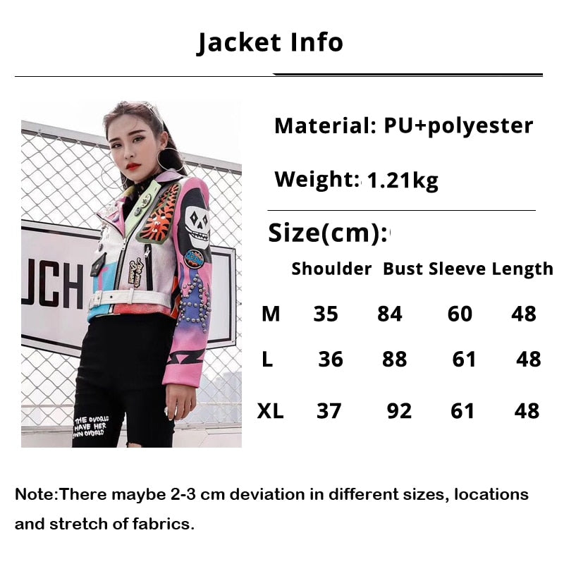 LORDLDS Cropped Leather Jackets Women Hip hop Colorful Studded Coat New Spring Ladies Motorcycle Punk Cropped Jacket with belt