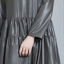 Nerazzurri Spring Casual Long Leather Dress Women Red Gray Black Maxi Elegant Pleated Faux Leather dress long sleeve Fall 2021