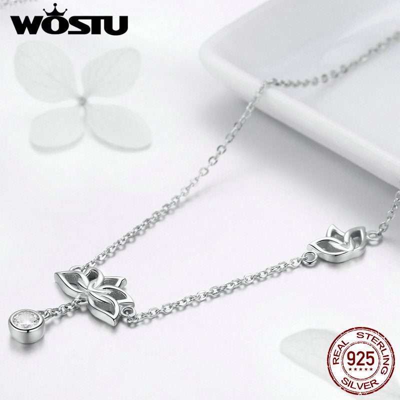 WOSTU Genuine 100% 925 Sterling Silver Lotus Flower Pendant Necklaces For Women Elegant Luxury Original Jewelry Best Gift CTN012