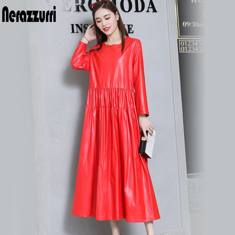 Nerazzurri Spring Casual Long Leather Dress Women Red Gray Black Maxi Elegant Pleated Faux Leather dress long sleeve Fall 2021