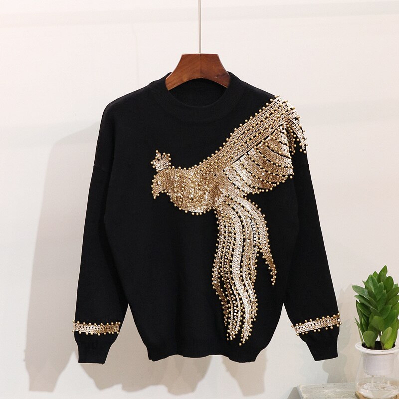 2020 Autumn Winter Knitted Women Tracksuit Sequins Beading Phoenix Long Sleeve Loose Sweater + Casual Pants Two Piece Set D1281