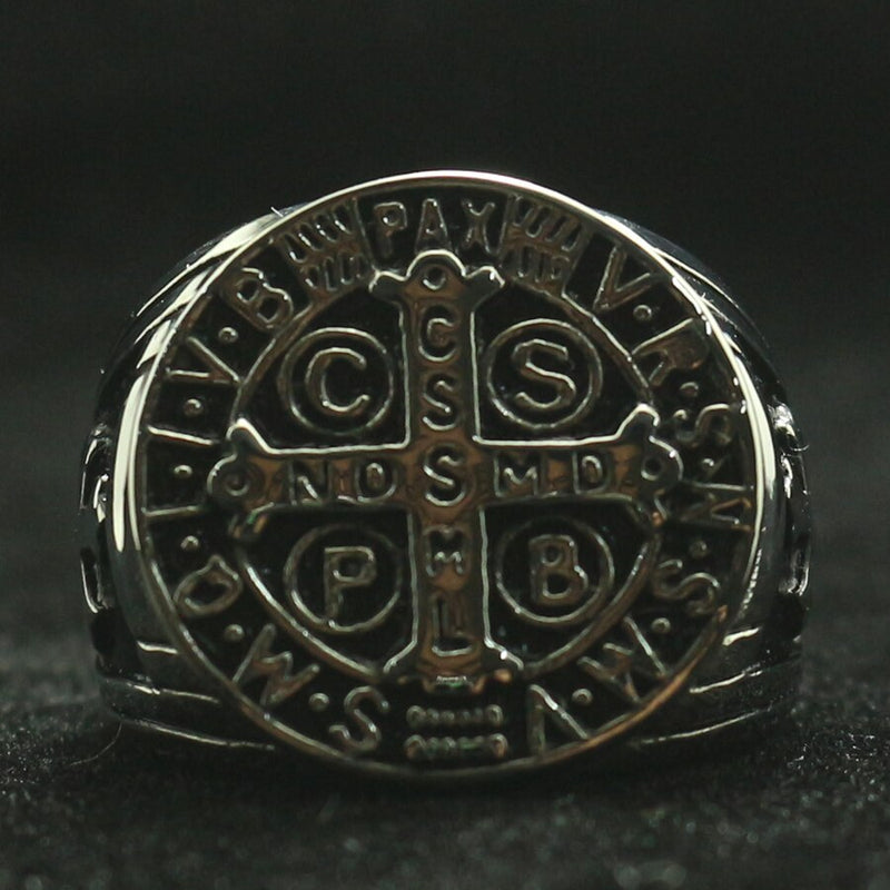 Saint Benedict of Nursia CSPB CSSML NDSMD Men 316L Stainless Steel Christianity Catholic Church Jesus Exorcism Cross Ring Gift