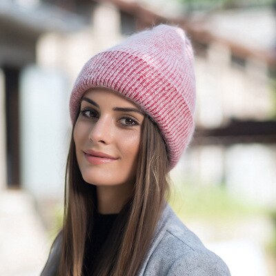 [Rancyword] Women Winter Hats Beanies Knitting Rabbit Wool Fur Hat Female Real Fur Skullies Caps Gorros Solid Color RC1222-2