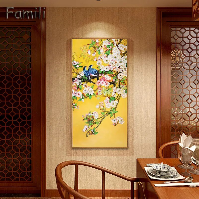 Chinese Style Bird Yellow Plant Landscape Combination Canvas Art Print Painting, Wall Picture For Living Room Home Decor