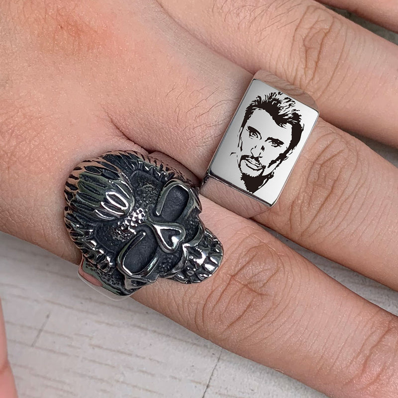 Johnny Hallyday Photo Punk Rock Wide Rings Signet for Men Males Finger Jewelry Stainless Steel Hip Hop