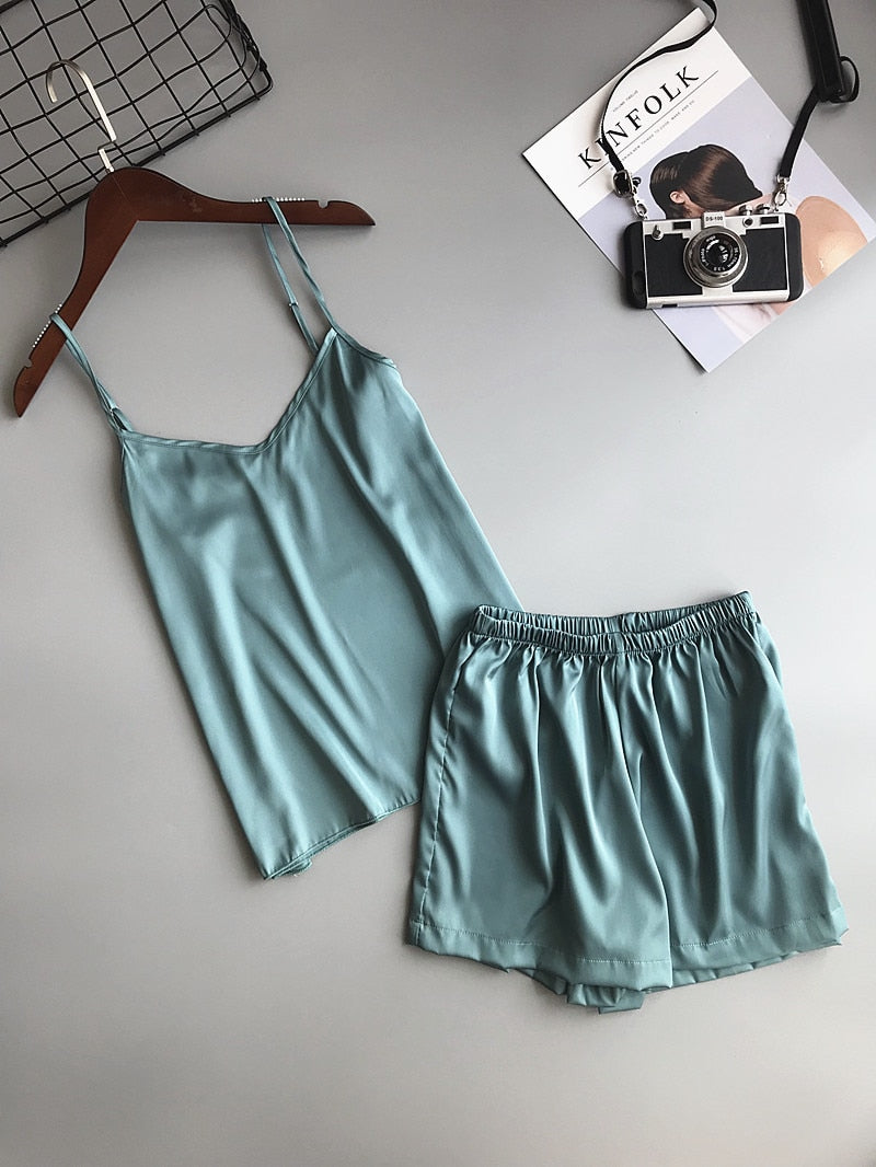 Ice Silk Twinset Korean Solid Color Women Pajamas Camisole Pajama Set Woman Summer Vest Shorts Suit