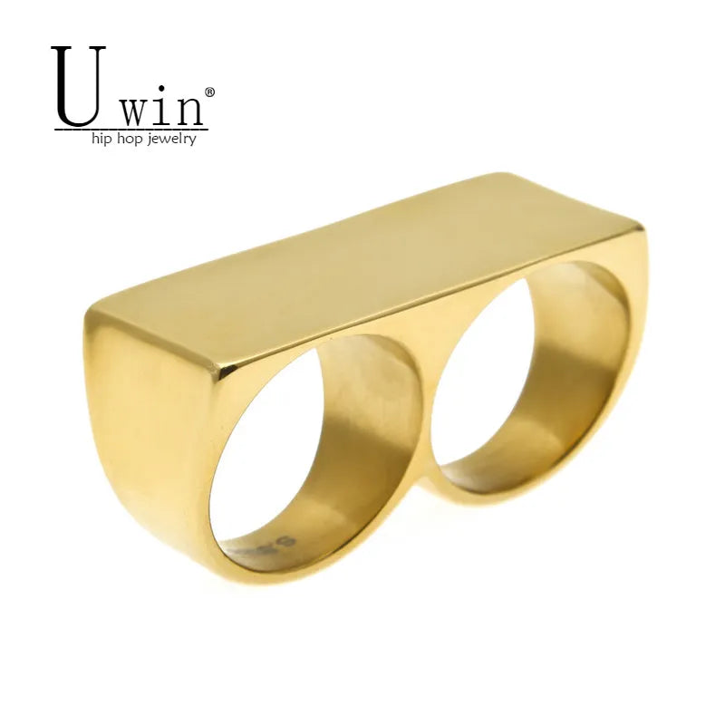 UWIN Personality Men Punk Biker Rings Hip Hop Cool Two Finger Stainless Steel Gold Ring Fashion Party Jewelry Size 9 Available