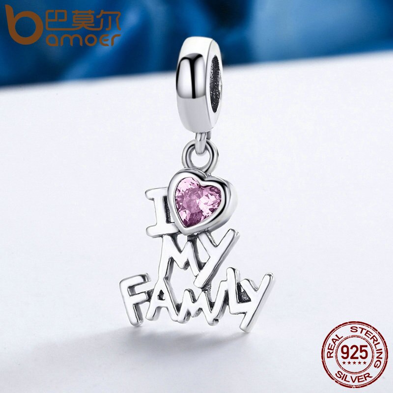 BAMOER Genuine 925 Sterling Silver I Love My Family Heart Dangle Charms fit Women Charm Bracelets Jewelry Family Gift SCC251