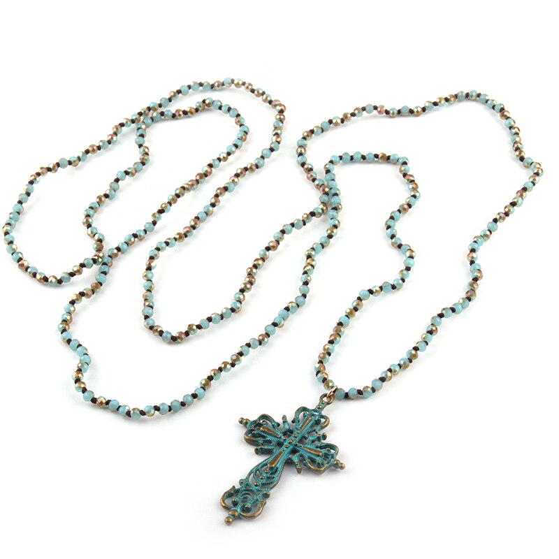 Fashion Bohemian Tribal Jewelry 4mm Mini Blue Green Glass Knotted Cross Pendant Necklace For Women Lariat Necklaces