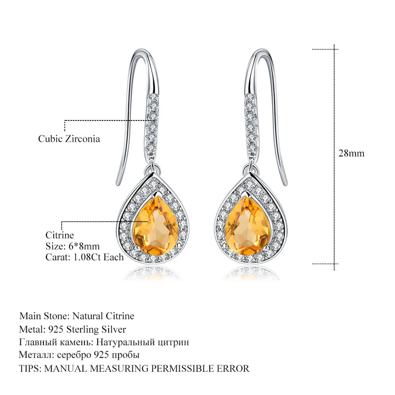 GEM'S BALLET 925 Sterling Silver Gemstone Water Drop Brincos 2.17Ct Natural Citrine Drop Earrings for Women Wedding Fine Jewelry