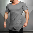 Muscleguys Brand 2023 New Fashion Solid Ripped T Shirt Mens Hip Hop Extend T Shirt Men Destroy Hole Cotton Fitness T shirt Homme
