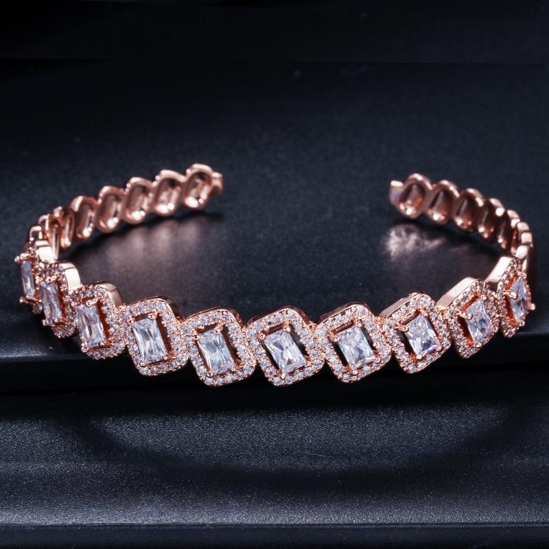 ThreeGraces Fashion Inlay Square Cubic Zirconia Stone Rose Gold Color Open Cuff Bangle Bracelet for Women Jewelry Gift BA021