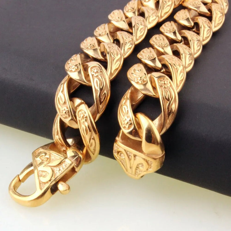 Hot Sale New Design Closure Chunky Double Curb Chain Bracelet for Men Gold Color Stainless Steel Male Punk Jewelry