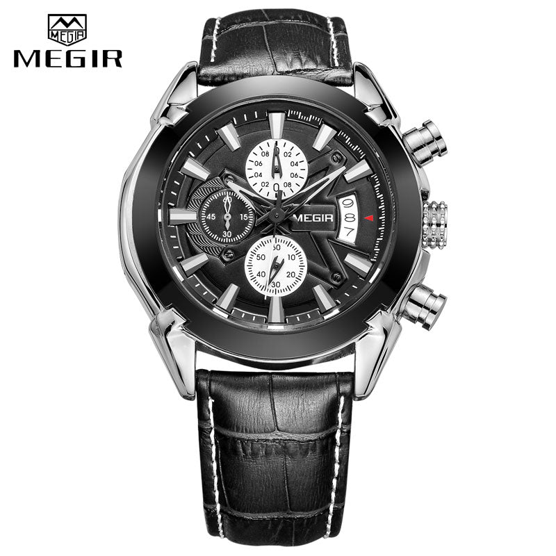 MEGIR Genuine Black Genuine Leather Watches Men Luxury Brand Quartz  Watch racing men Students Game Run Chronograph Wristwatches