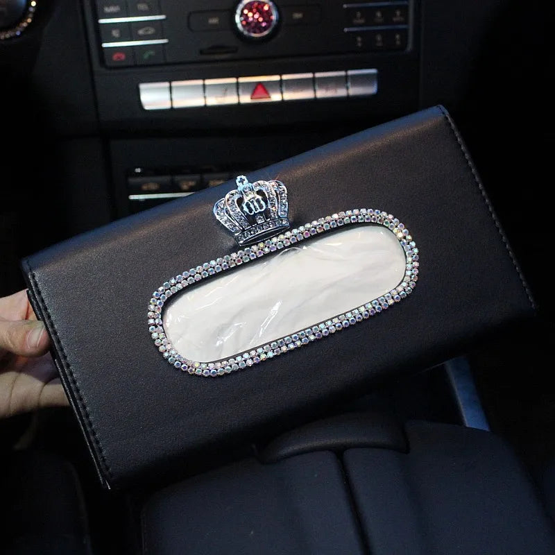 Fashion Crown Crystal Car Tissue Box Sun Visor Leather Auto Tissue Bag Sunvisor Hanging Holder Case Napkin For Car Accessories