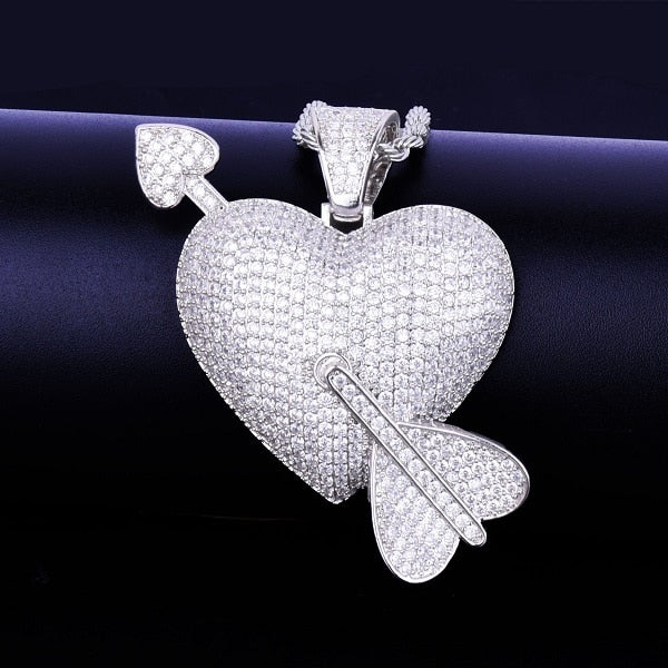 Heart Arrow Pendant Necklace Gold Color AAA Cubic Zircon Men's Hip Hop Rock Jewelry