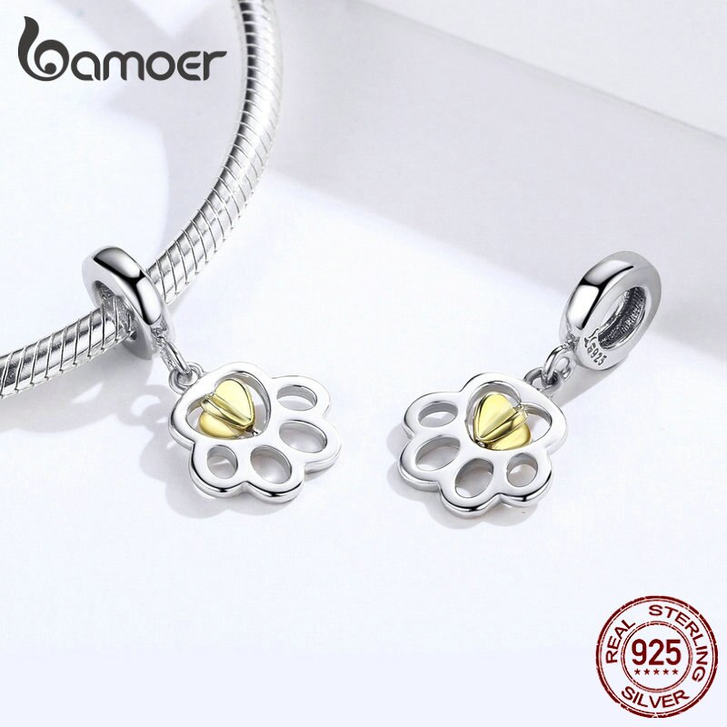 bamoer Gold Color Dog Paw Pendant Charm for Women Charms Bracelet &amp; Bangle Heart 925 Sterling Silver DIY Jewelry Making SCC1251