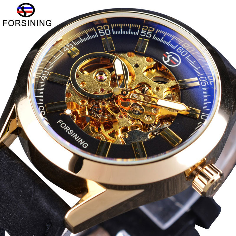 Forsining Blue Light Glass Mens Casual Sport Watch Leather Military Automatic Men Mechanical Wrist Watch Skeleton Luminous Clock