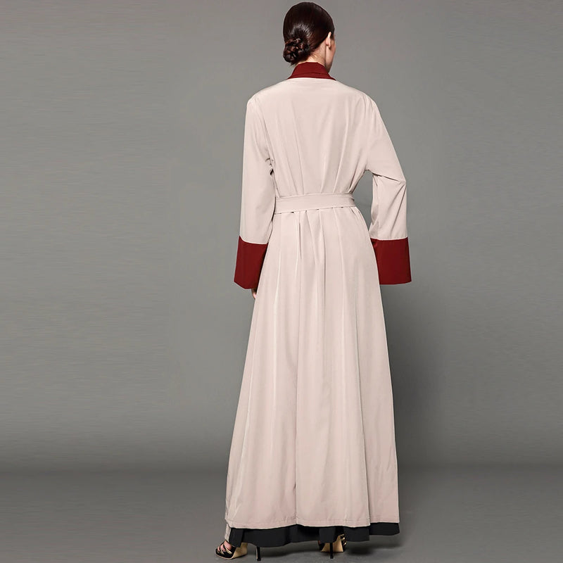 Women Elegant Modest Muslim Islamic Full Length Open Front Abayas for Women Long Sleeve Red Abaya Dress Belted Plus Size
