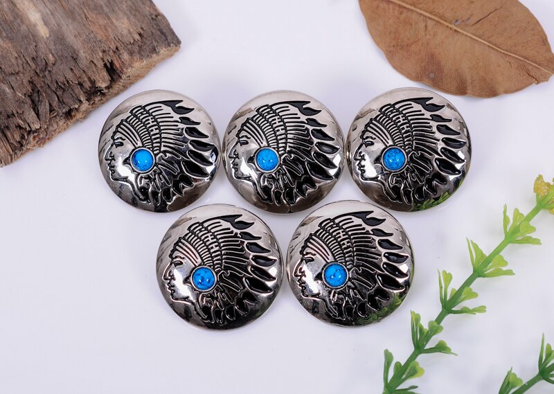 10Pcs 30mm Southeast Tribal Turquoise Indian Head Sewing Coat Cothes Closures Connector Leathercraft conchos Shank Button