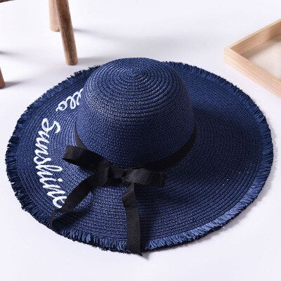 Handmade Weave letter Sun Hats For Women Black Ribbon Lace Up Large Brim Straw Hat Outdoor Beach hat Summer Caps Chapeu Feminino