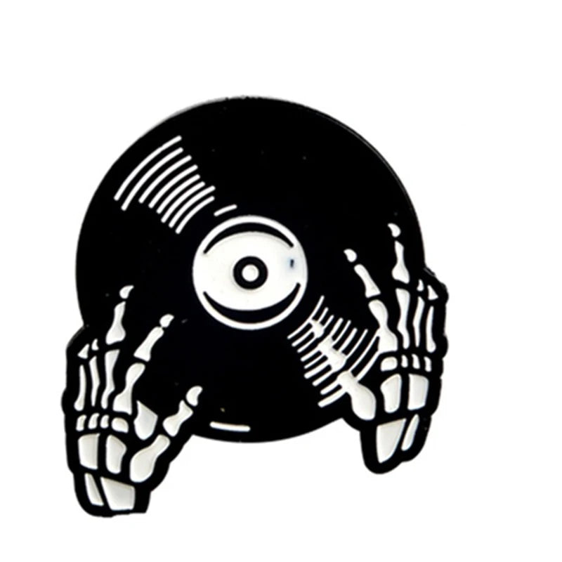 Punk Music Lovers Pin Skeleton DJing Vinyl Record Player Enamel Pin Badge Tape Lapel Pins Brooches Shirt Bag Cool Gothic Jewelry