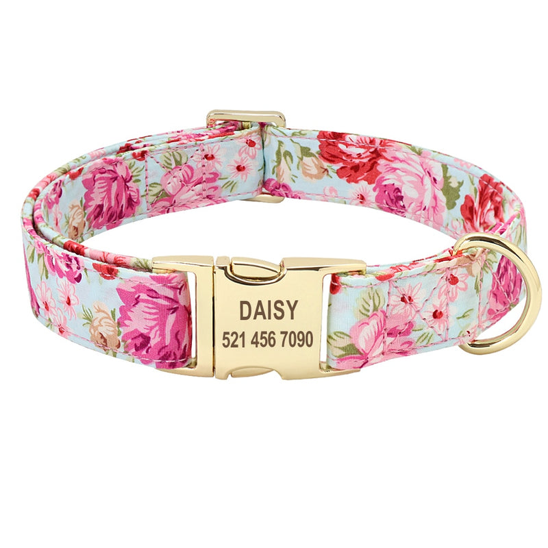 Personalized Floral Dog Collar Custom Small Medium Dog Pet ID Collar Flower Print Nylon Large Dog Engraved Collars for Pitbull