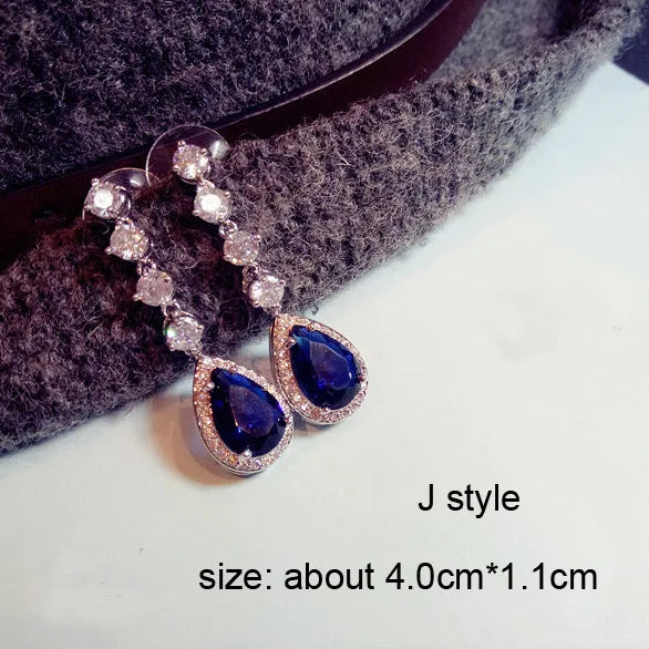 Fashion Vintage Flower Blue Water Drop Earrings Women Crystal Stone Long Tassel Earrings Cubic Zirconia Pearl Women Earrings