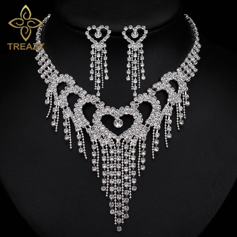 TREAZY Luxury Silver Color Crystal Choker Necklace Earrings Jewelry Set for Women Heart Tassels Bridal Wedding Jewelry Sets