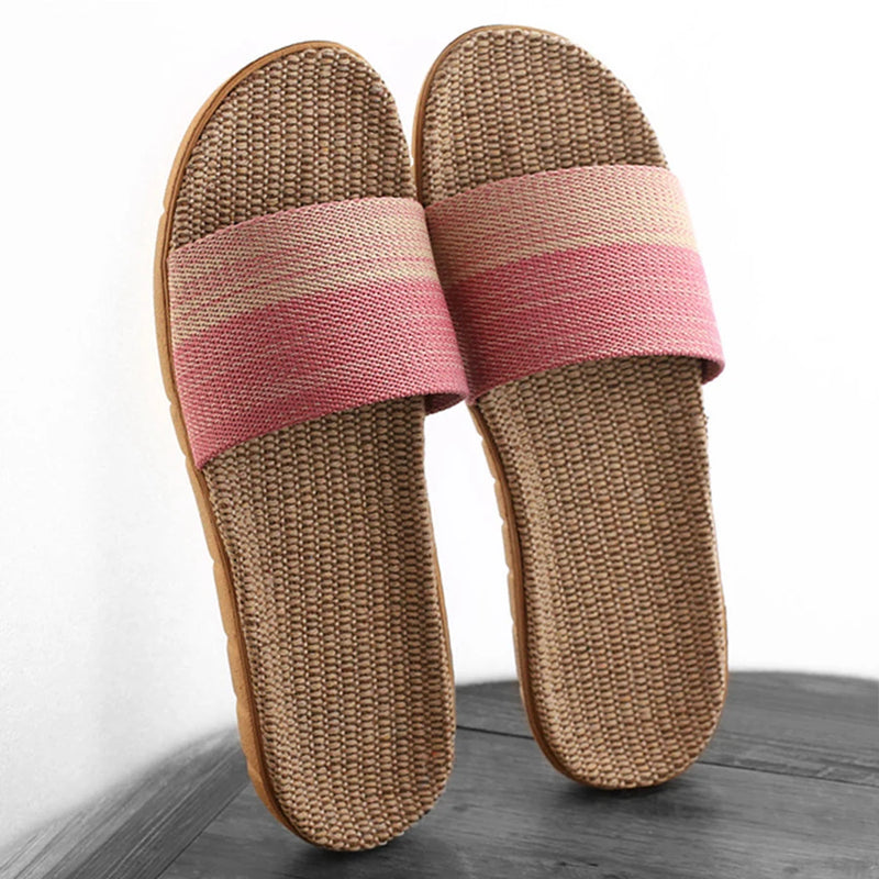 New Unisex Linen Slippers Men Women Non-slip 35-45 Size 7 Colors Gradient Stripe Beach Flat Shoes Male Slides Home Slipper