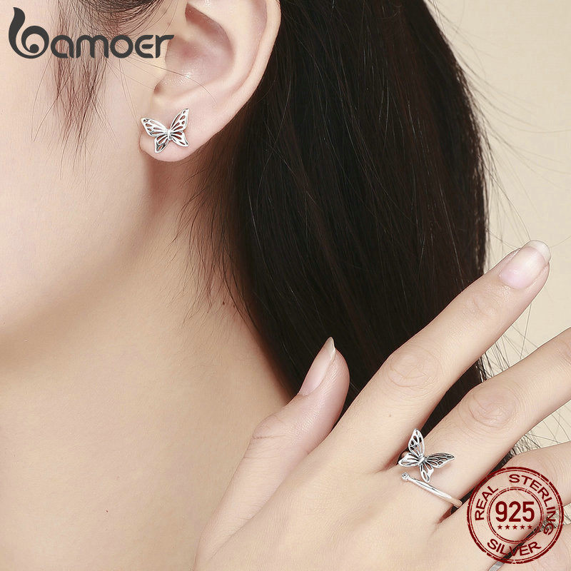 BAMOER Authentic 925 Sterling Silver Jewelry Set Vintage Butterfly Rings & Earrings Jewelry Sets Wedding Engagement Jewelry