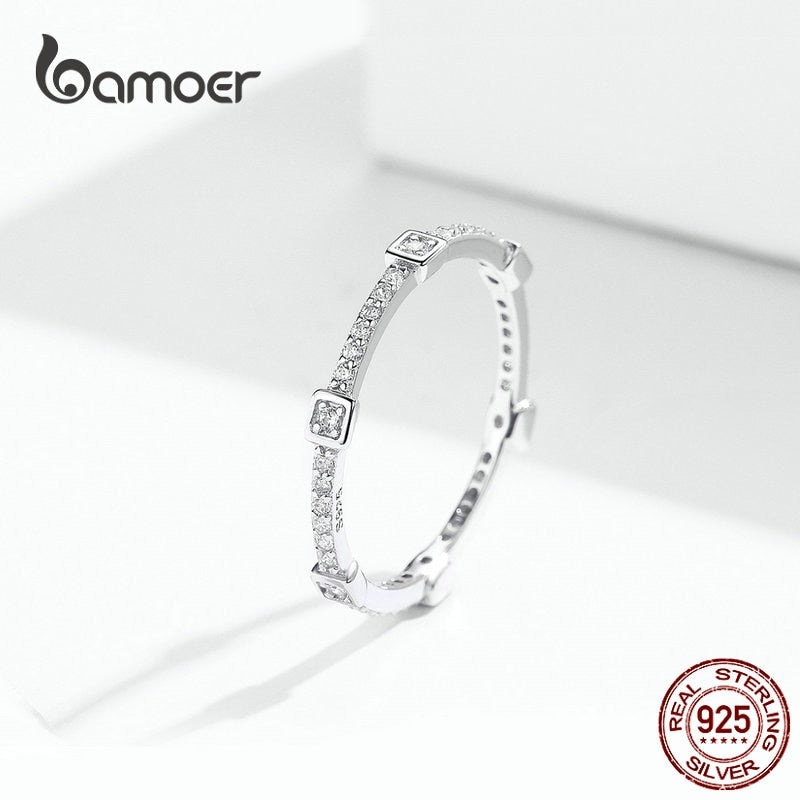 bamoer Square Geometric Stackable Finger Rings for Women Clear CZ 925 Sterling Silver Engagement Statement Jewelry SCR551