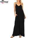 Women Long dress Female Summer V Neck Spaghetti Strap Plain Flowy Pockets Loose Beach Cami Maxi Dress Casual Sundress Robe Femme