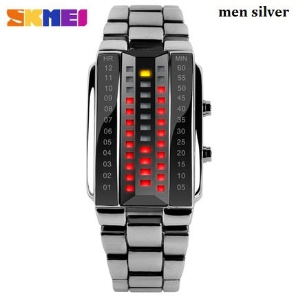 Luxury Men's Wristwatch Waterproof Men Fashion Stainless Steel Red Binary Luminous LED Electronic Display Sport Watches SKMEI