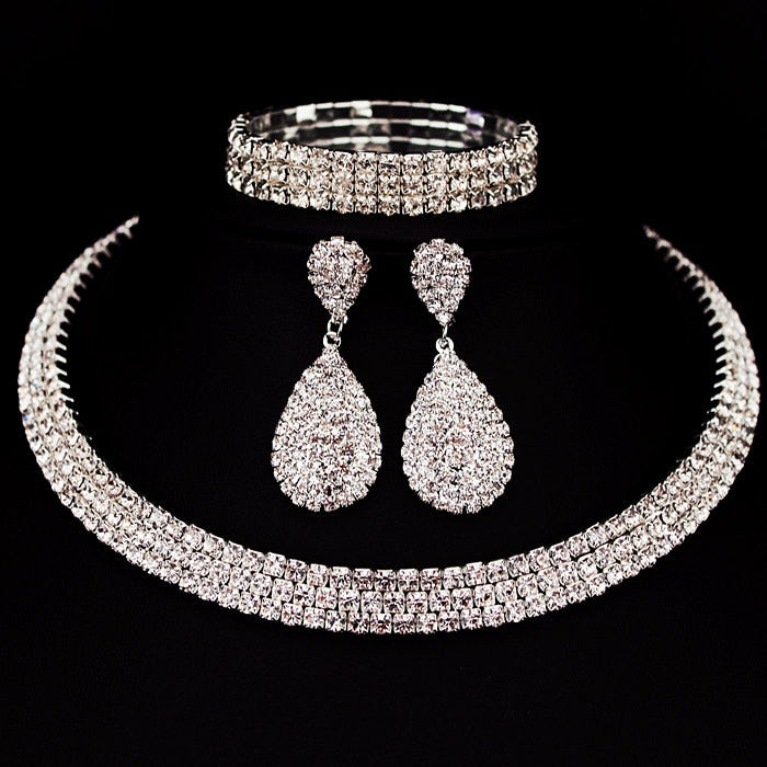 Hot Selling Bride Classic Rhinestone Crystal Choker Necklace Earrings and Bracelet Wedding Jewelry Sets Wedding Accessories X164