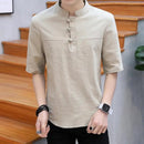 Summer wear new cotton and linen short sleeve T-shirt men's fashion China wind plate button collar half sleeve shirt size T-shir