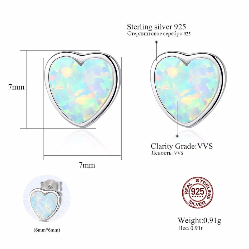 CZCITY 925 Sterling Silver Lovely Blue Green White Heart Opal Stud Earrings for Women Engagement Wedding Fine Jewelry Gifts