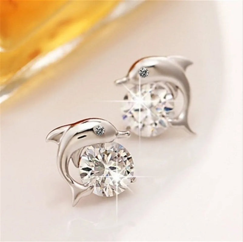 Cute Romantic Dolphin Love Stud Earrings For Women High Quality 925 Jewelry Stering Silver Round Cut AAA Zircon Brinco Bijoux