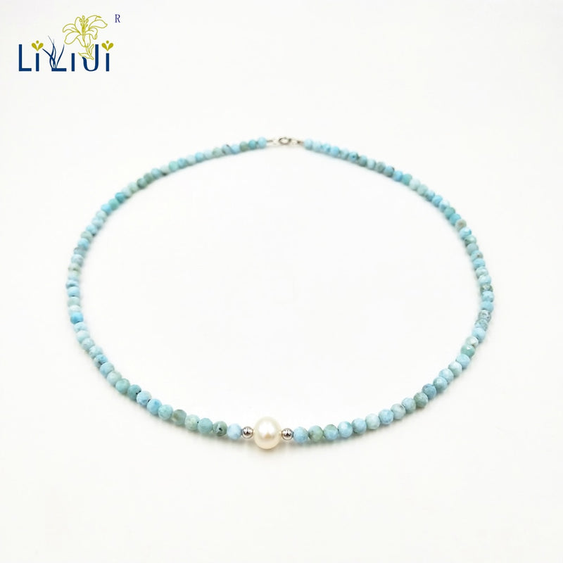 LiiJi Unique  Blue Larimar 2mm/3-4mm Freshwater Pearl 925 Sterling Silver Choker Necklace