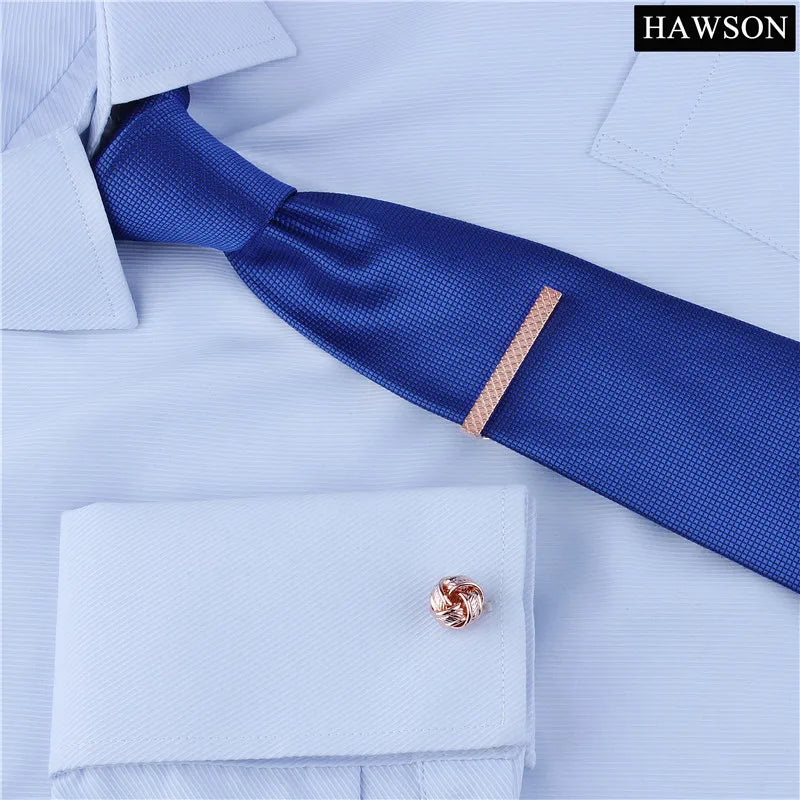 Luxury Rose Gold Color Tie Bar Cuff links Set Polished Twist Pattern Cufflinks 2 Button