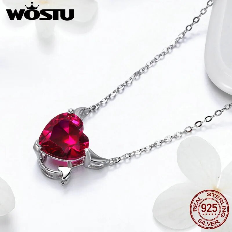 WOSTU Authentic 925 Sterling Silver Angel&Demon Red CZ Pendant Necklaces For Girl Women Luxury Fashion Jewelry Party Gift CQN285
