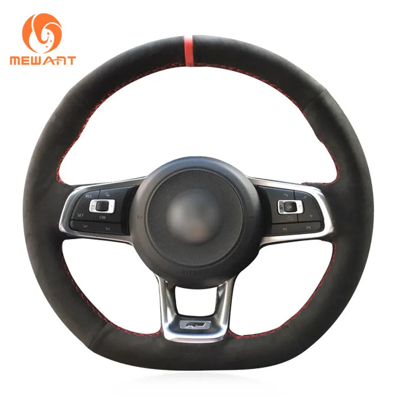 MEWANT Black Genuine Leather Hand Sew Steering Wheel Cover for Volkswagen VW Golf GTI 7 GTD GTE 7 R 7 Polo (R-Line) 2013-2021